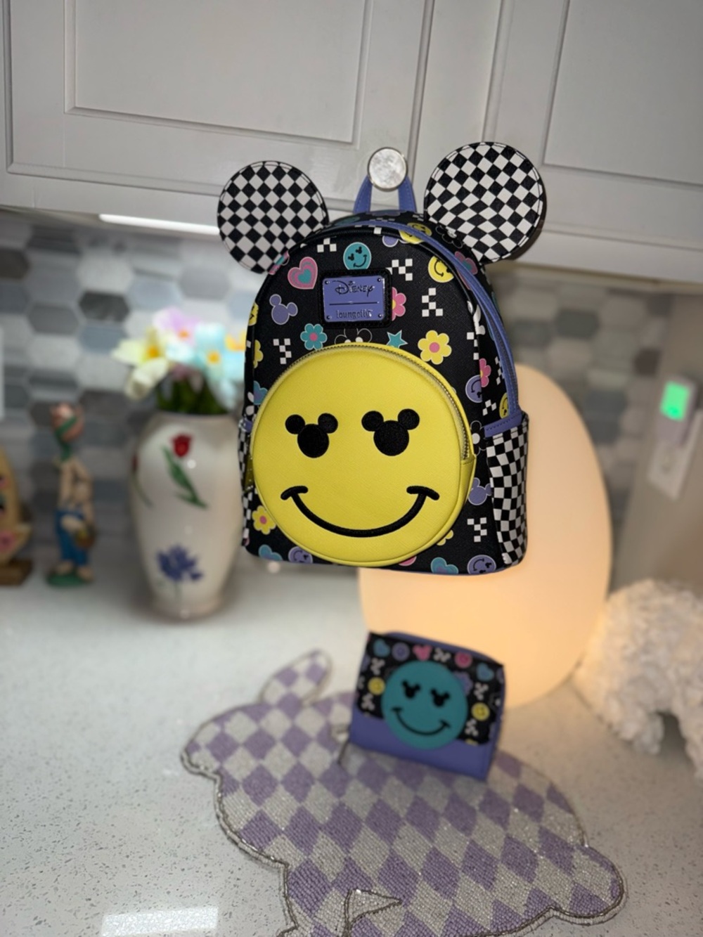 Loungefly Black Mini Backpack with Yellow Smiley and Checkerboard Ears